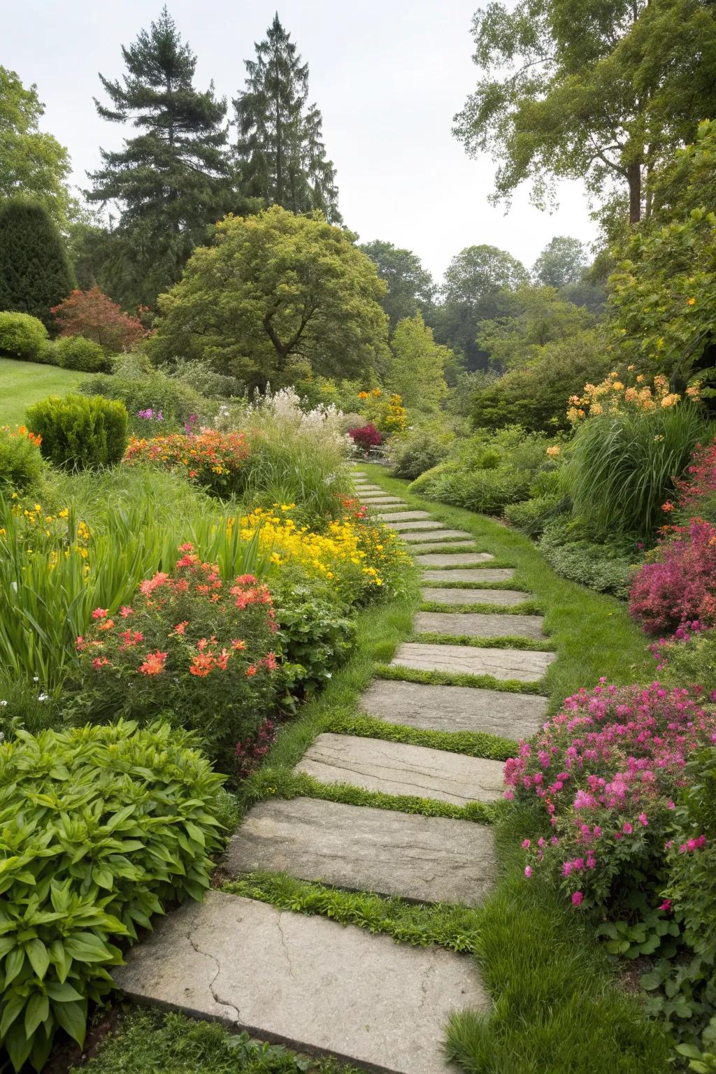 Composite stepping stones playfully guiding through the greenery.