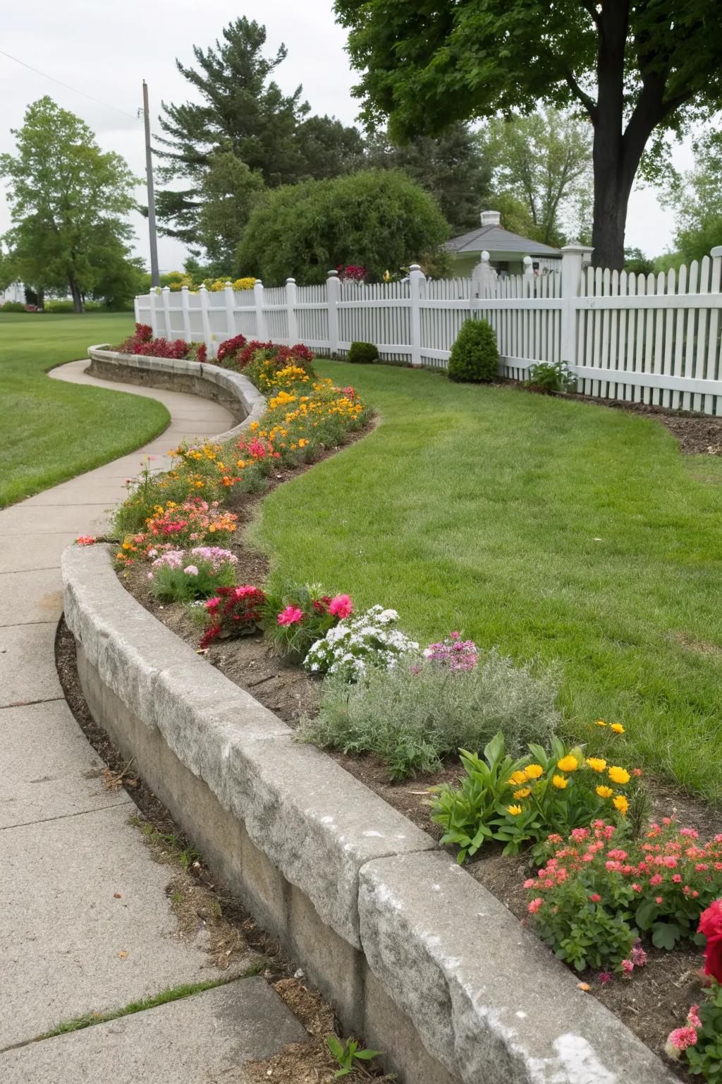 Garden with concrete edging neatly separating the lawn from the flower beds.