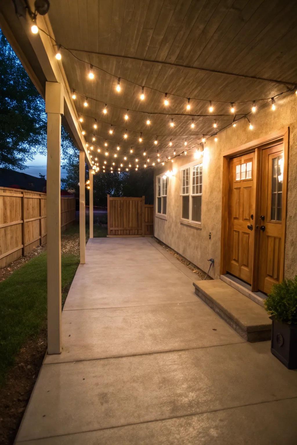 String lighting that transforms the porch into a cozy haven.