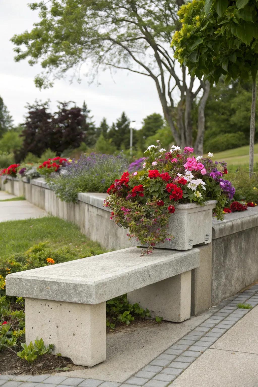 A perfect fusion of seating and greenery with built-in planters.