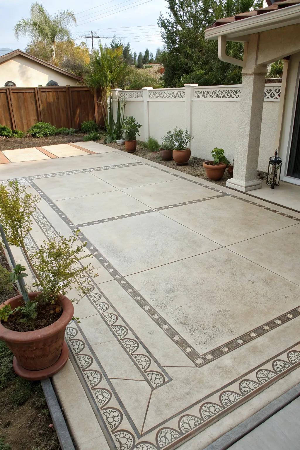 Elegant accent borders framing the patio.