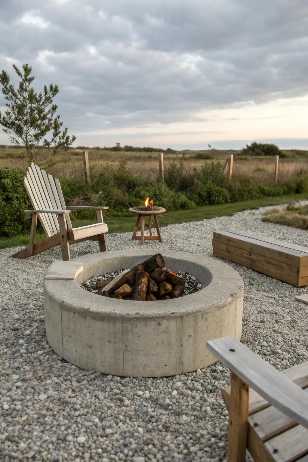 A gravel surround adds texture and style to this fire pit.