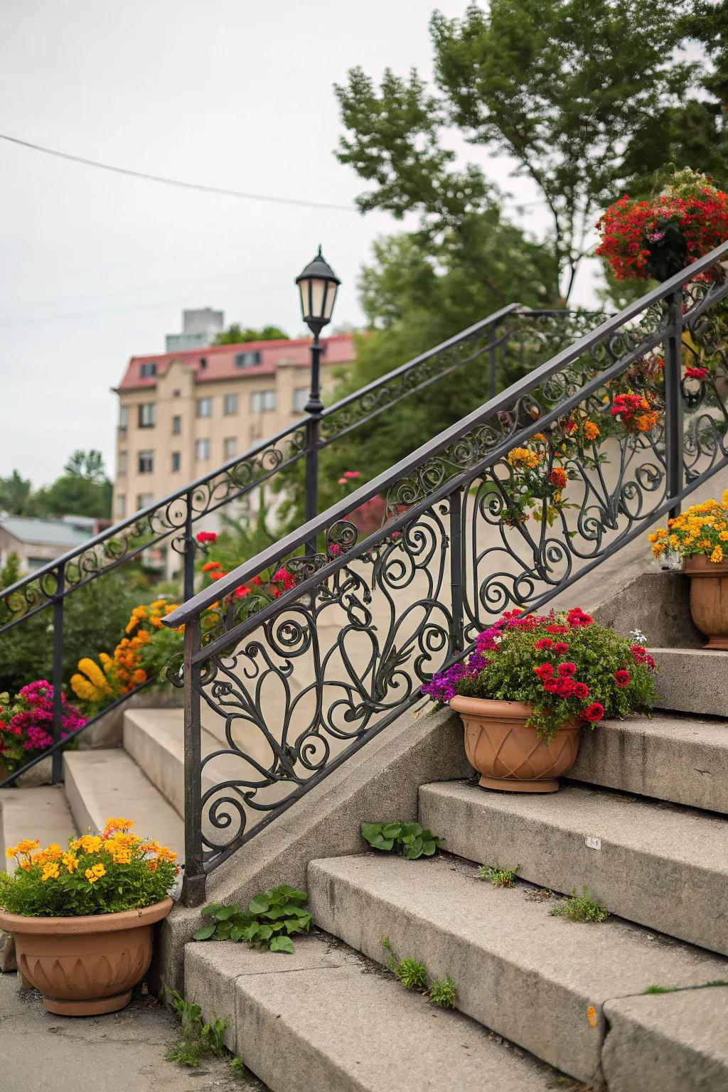 Decorative accents like railings and planters add charm to concrete stairs.
