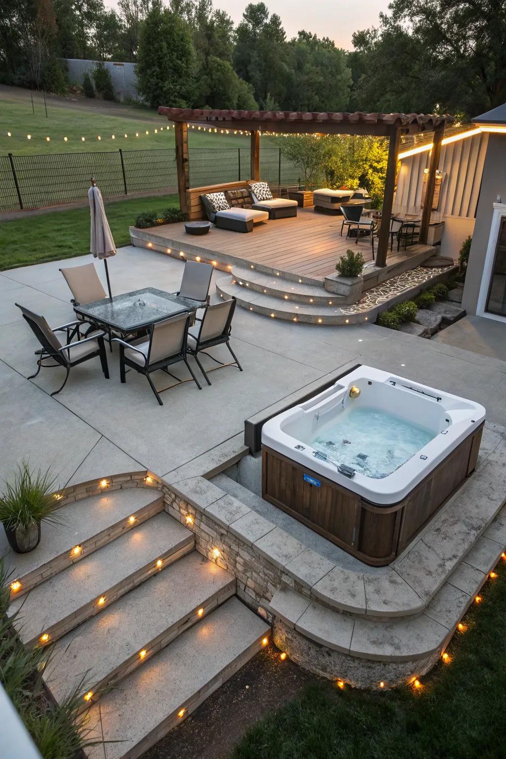 A dynamic multi-level patio design with distinct areas for relaxation and entertainment.
