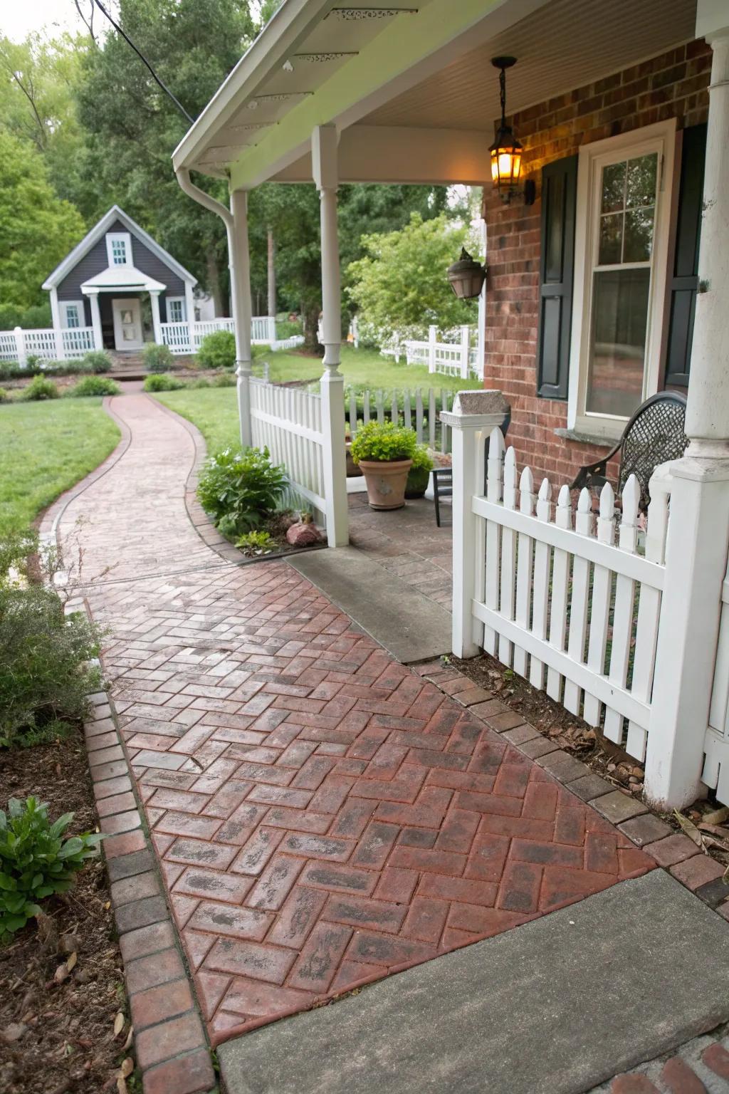 Concrete porch with a classic brick pattern for a timeless look.