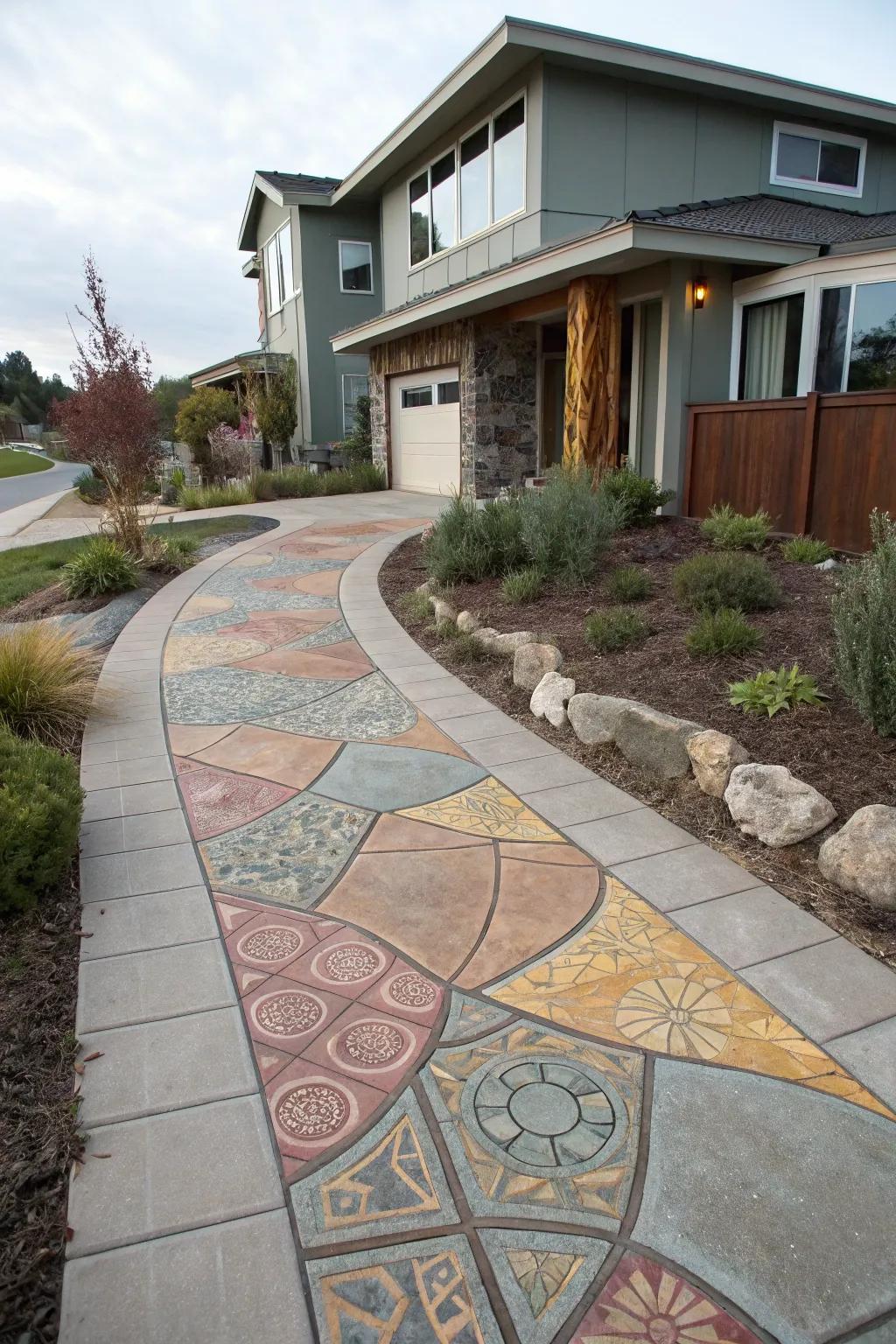Use color and texture variations in concrete for a harmonious garden look.
