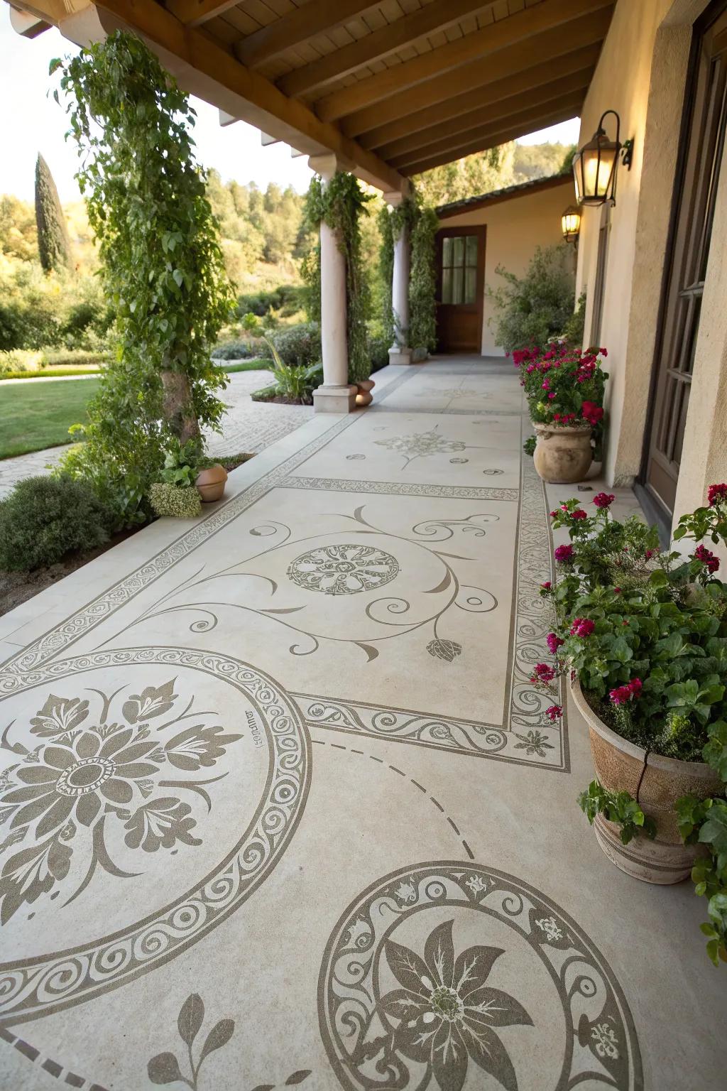 Custom motifs turn concrete floors into personalized art pieces.