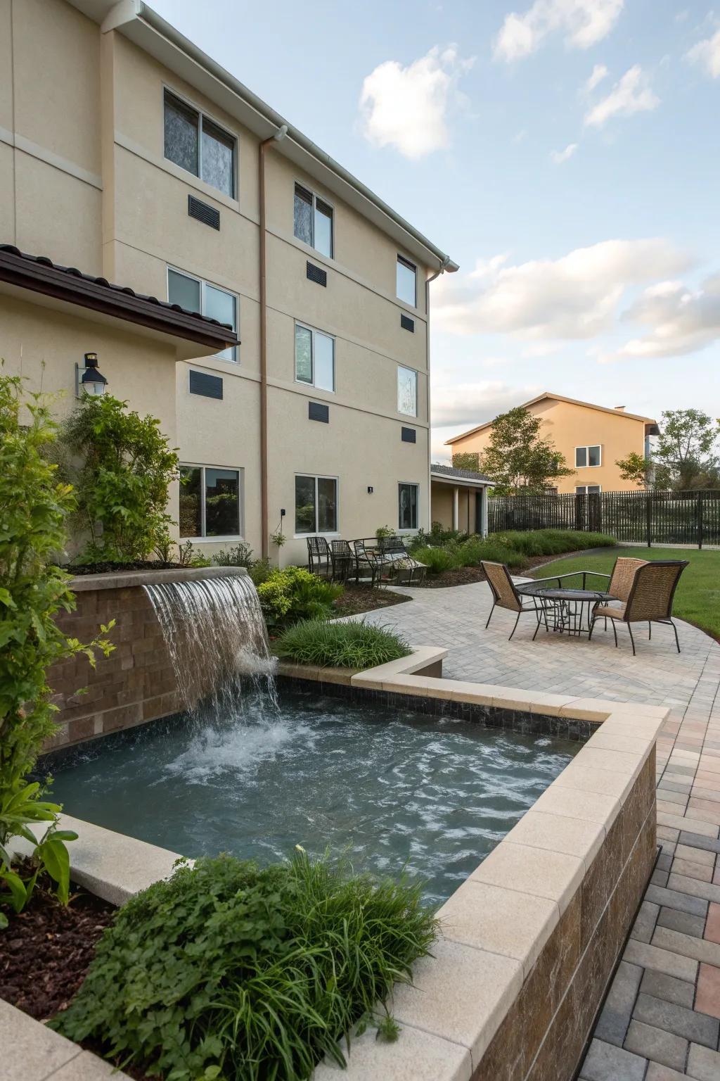 A compact water feature adds tranquility to a condo backyard.