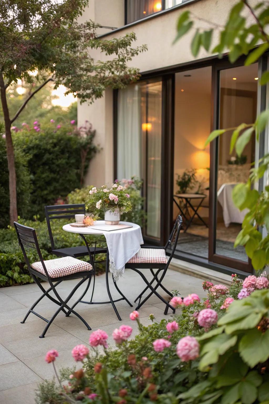 A quaint bistro set ready for dining on a condo patio.