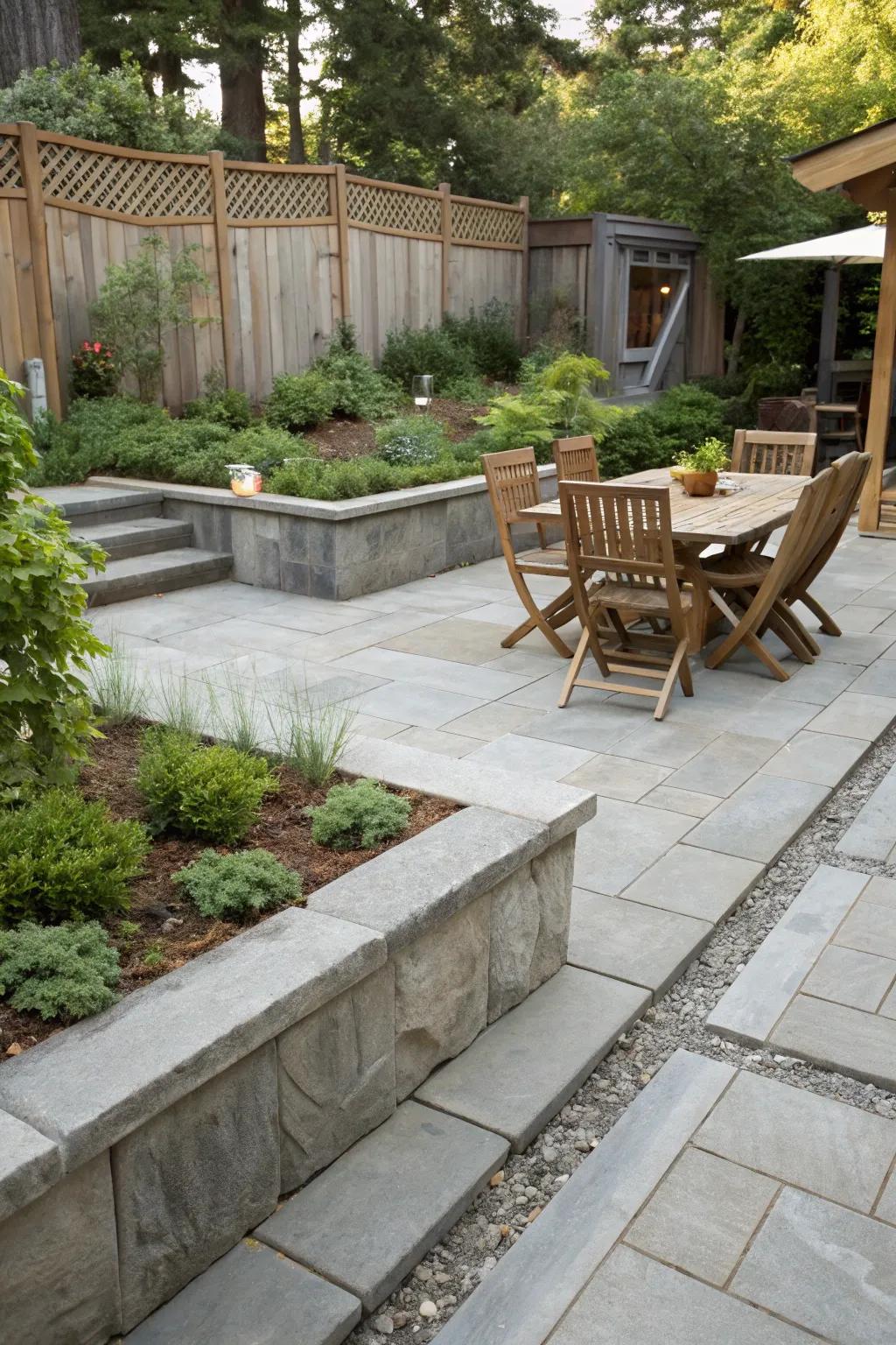 A patio showcasing a mix of materials and textures.