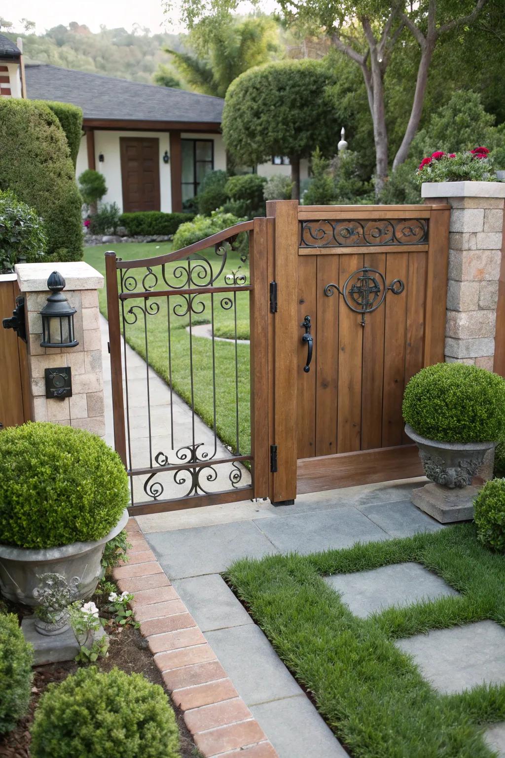 Decorative metalwork adds elegance without overshadowing the gate's design.