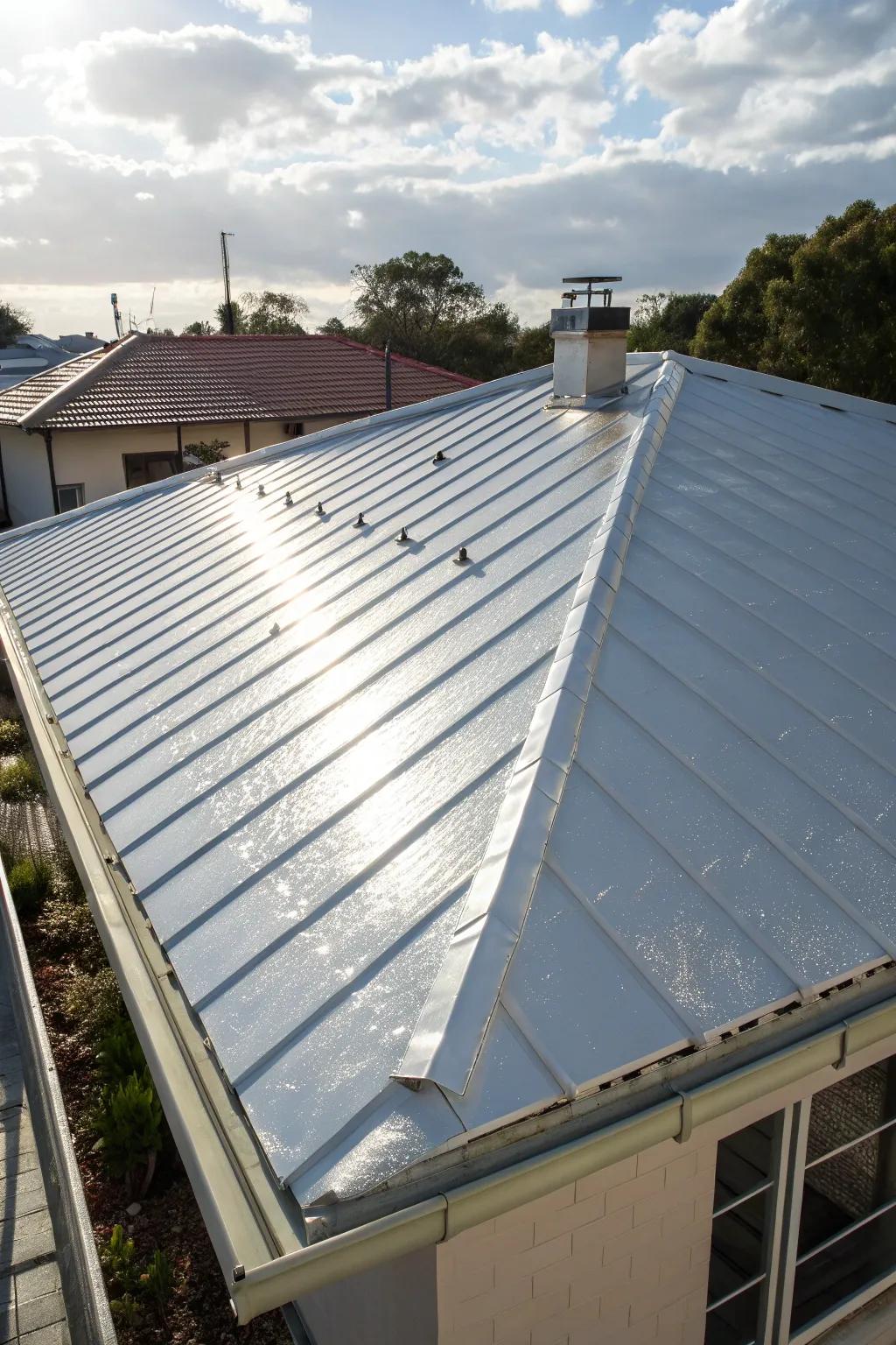 A roof with a reflective coating to minimize heat absorption.