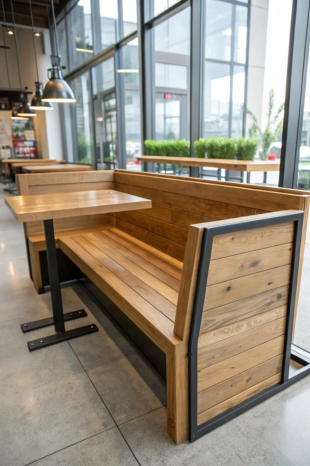 A modern corner bench with a mix of wood and metal materials.