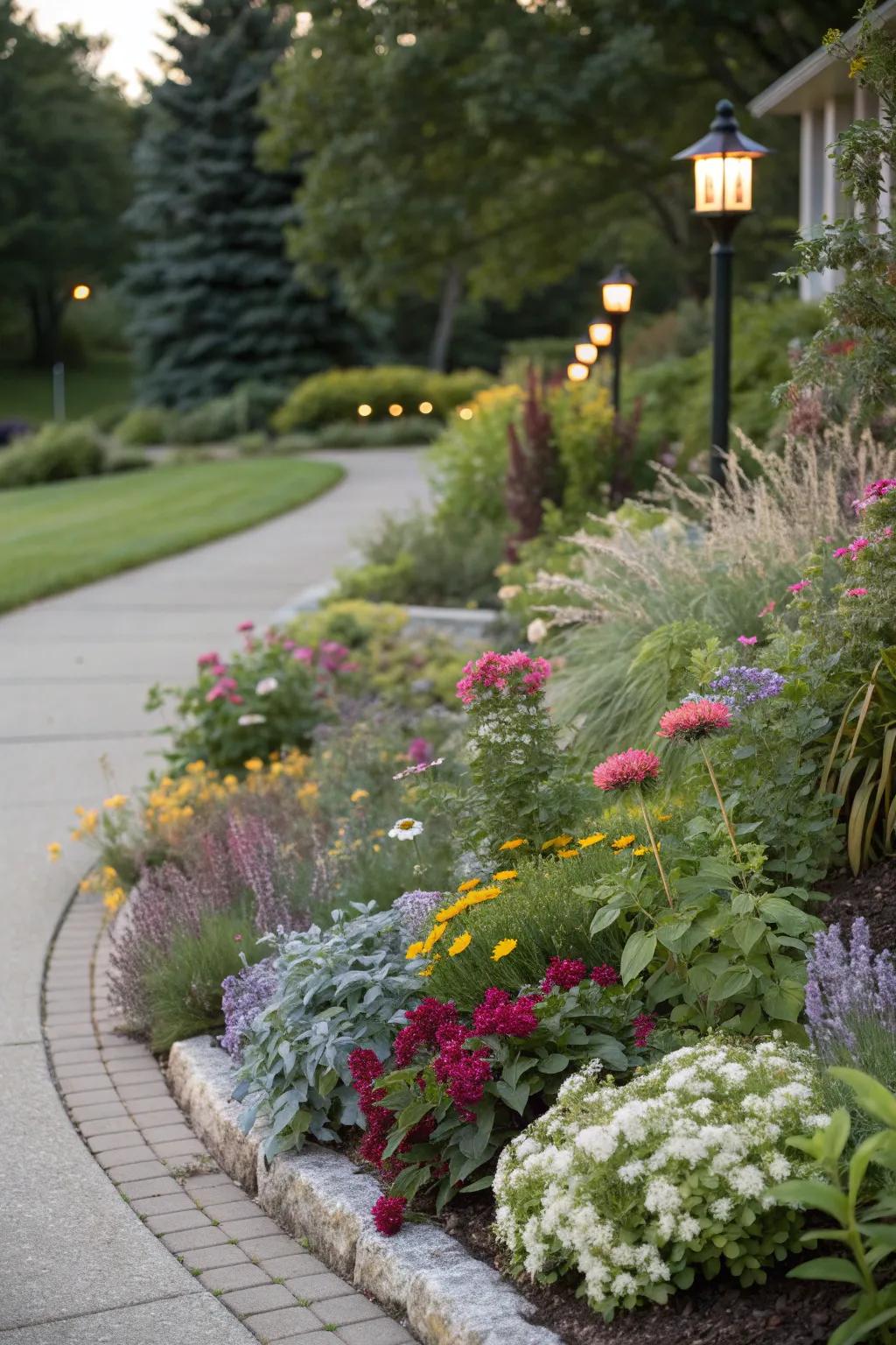 A diverse plant selection adds texture and interest to this corner.
