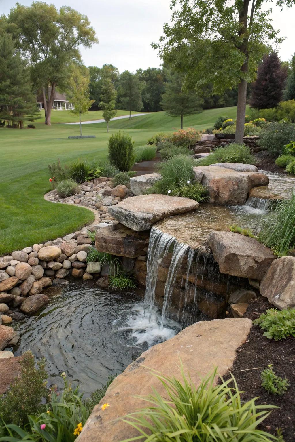 A pondless waterfall adds tranquility and privacy.