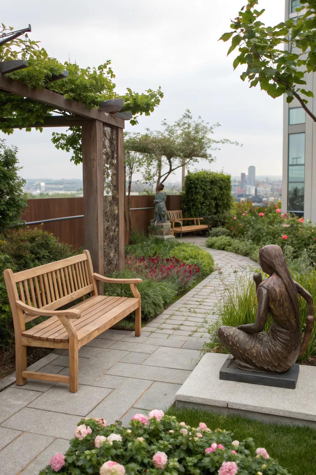 Garden features add charm and seclusion.