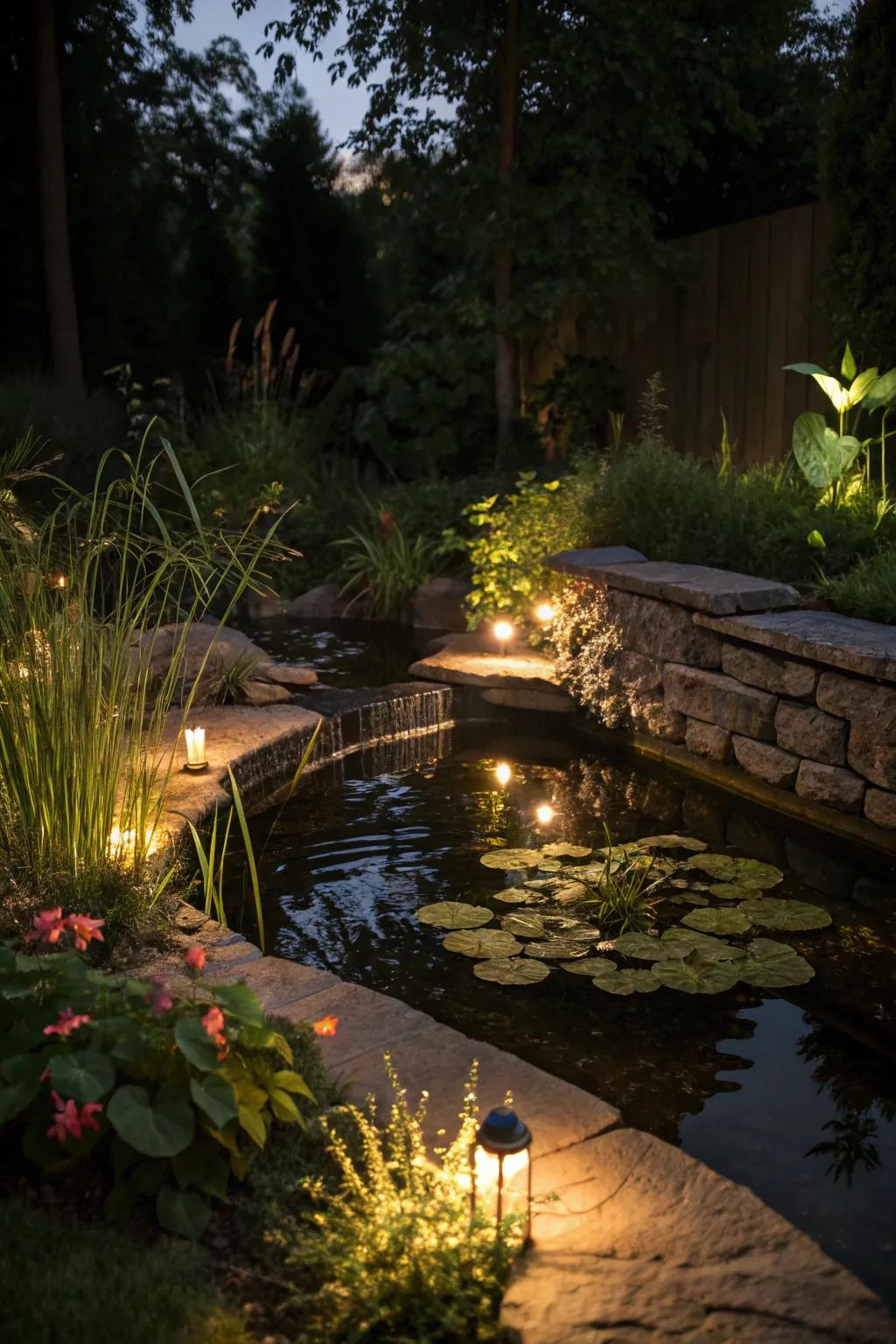 Lighting turns your pond into a nighttime wonder.
