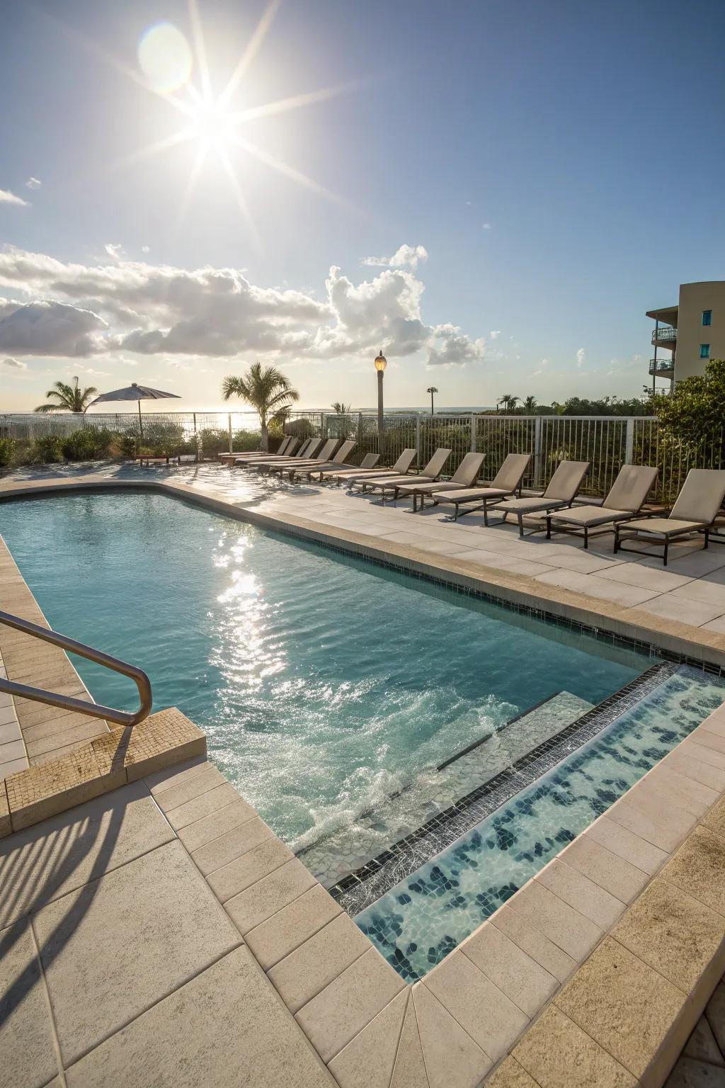 Relax on a tanning ledge while enjoying the pool.