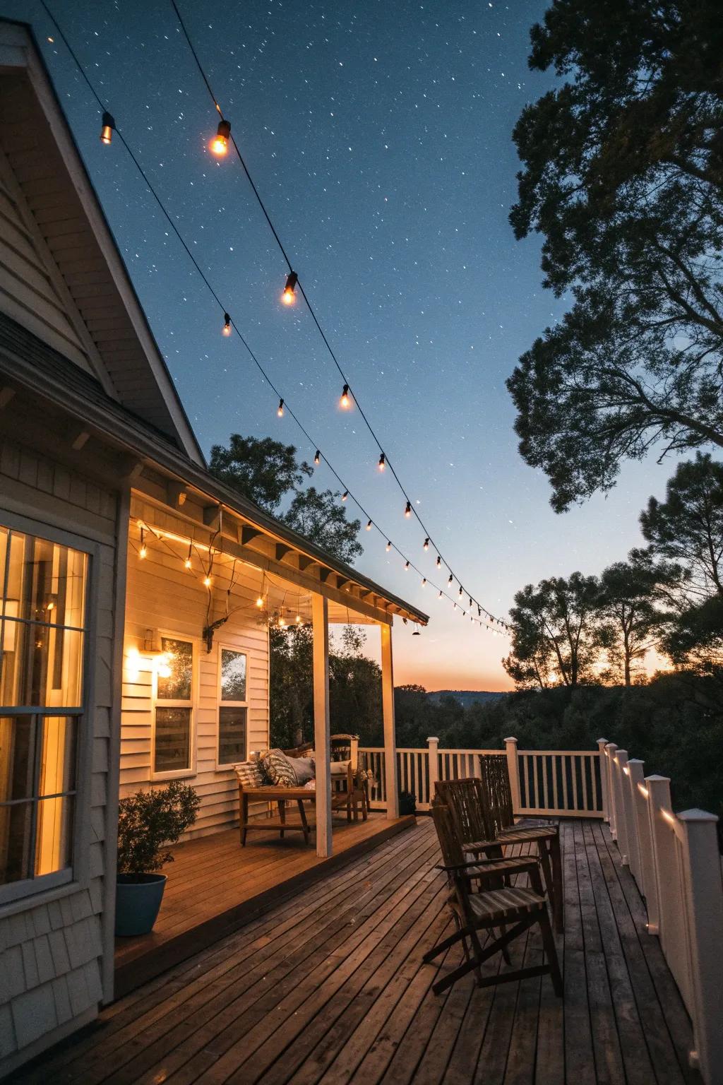 Magical lighting transforms this cottage deck into an evening paradise.