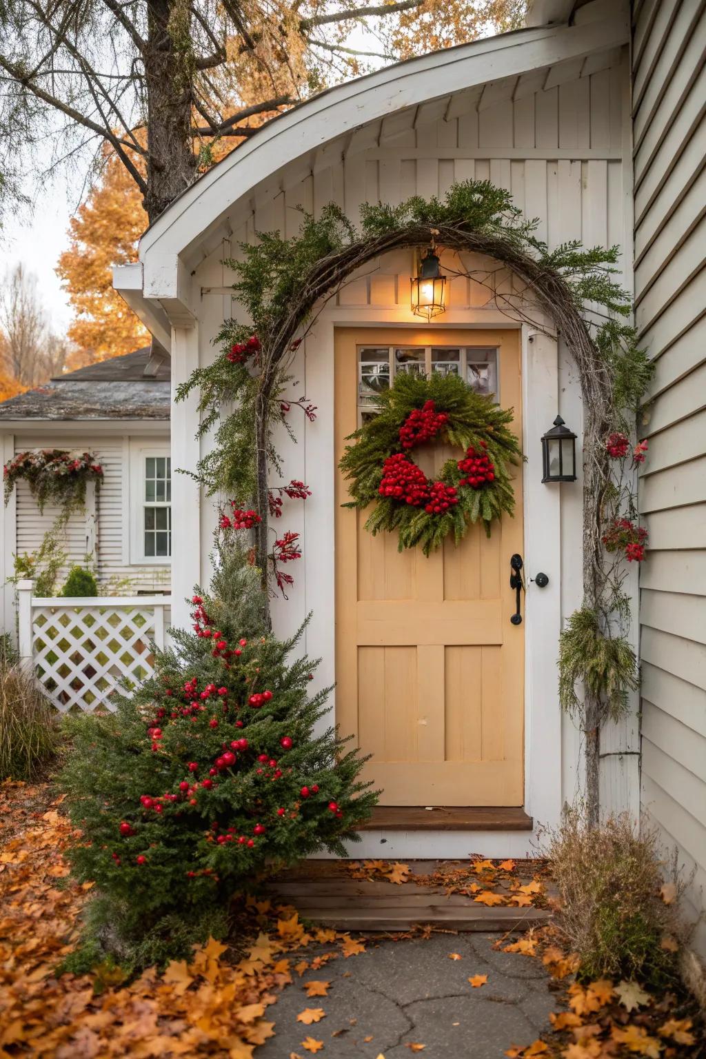 A welcoming cottage porch with a colorful seasonal wreath.