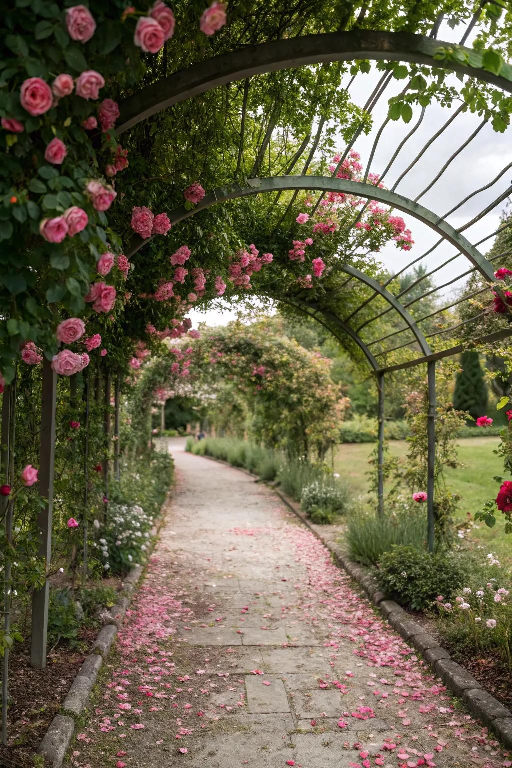 Romantic archway of roses over a charming garden path.