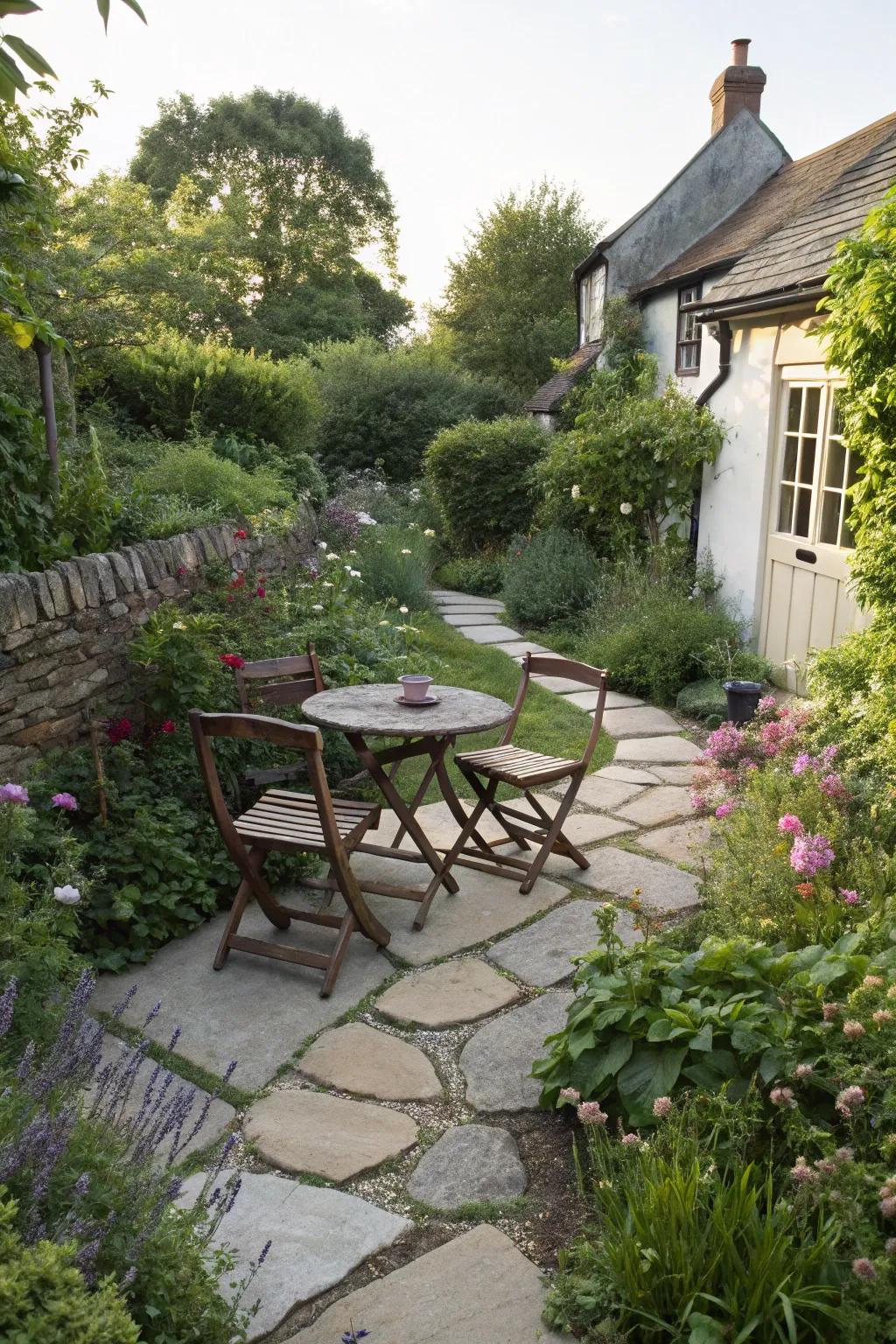 A tranquil flagstone seating area offers a peaceful retreat.