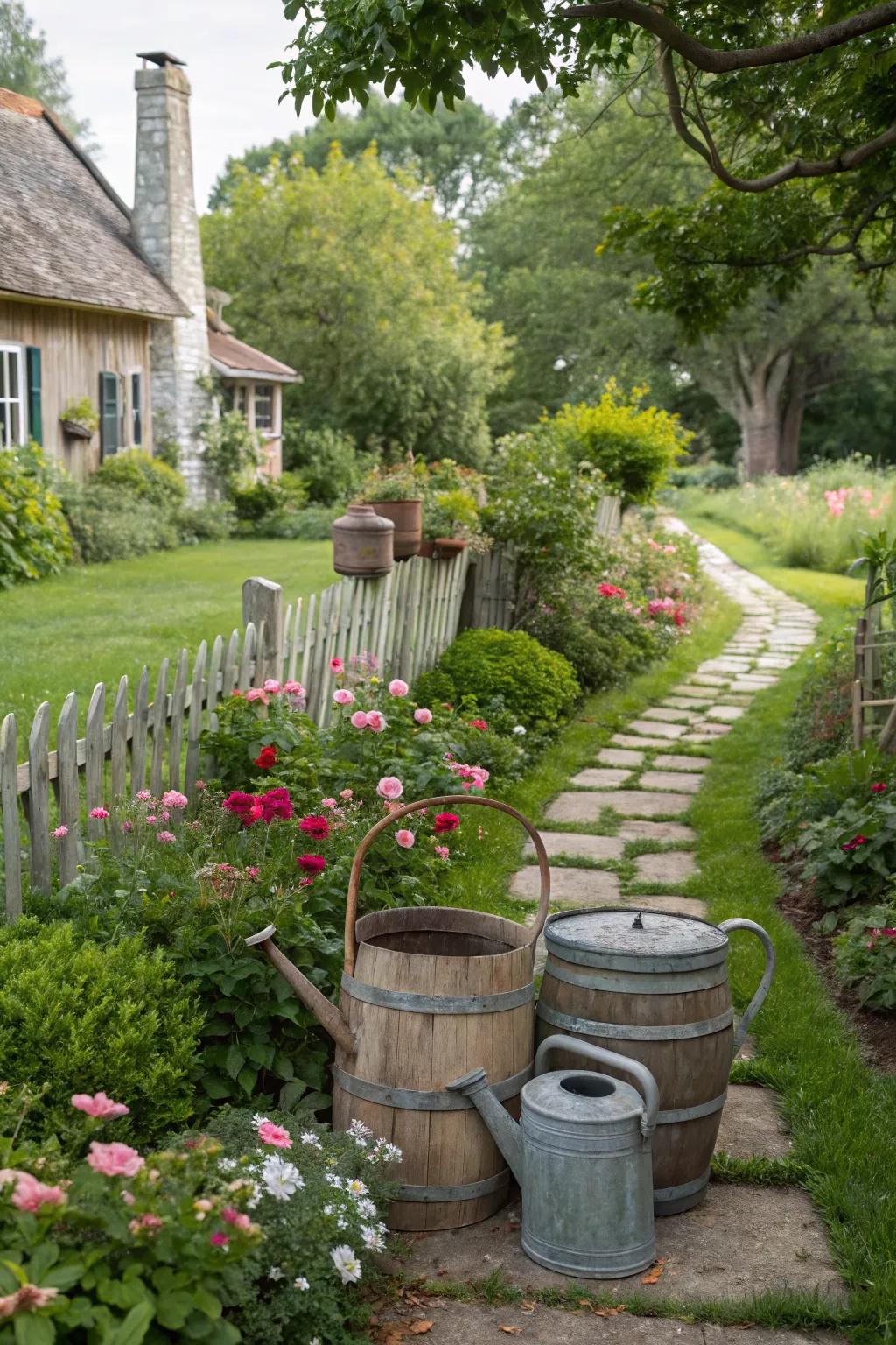 Rustic and vintage decor elements in a cottage garden.