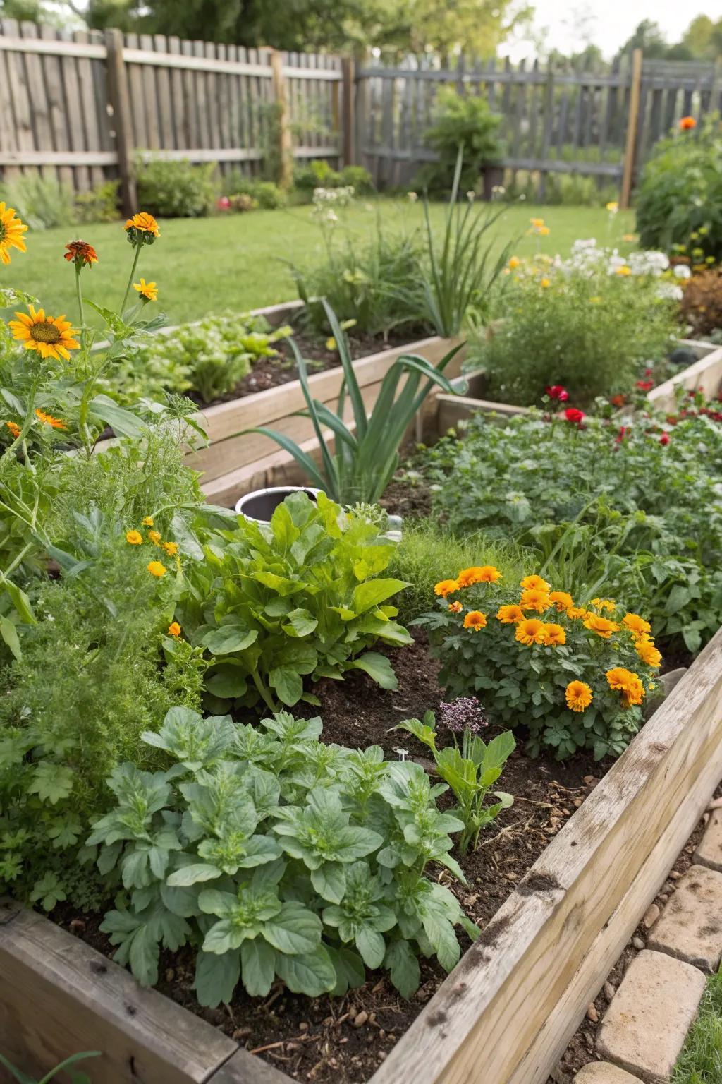 A mix of herbs and flowers blends beauty with utility.