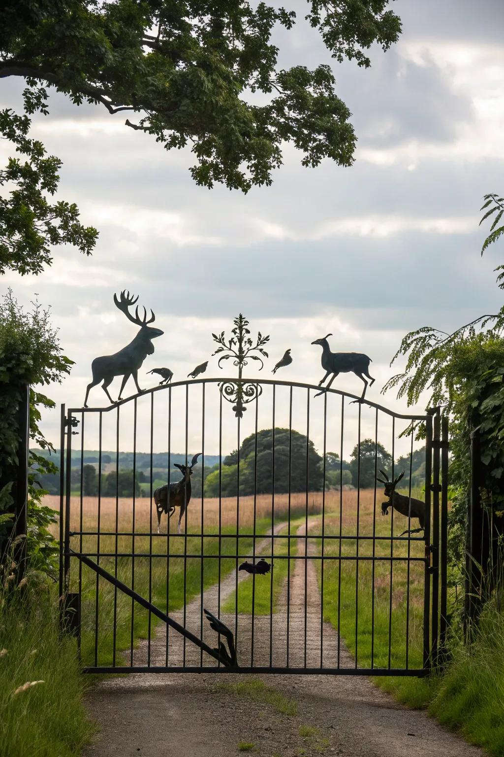 A gate adorned with intricate wildlife silhouettes.