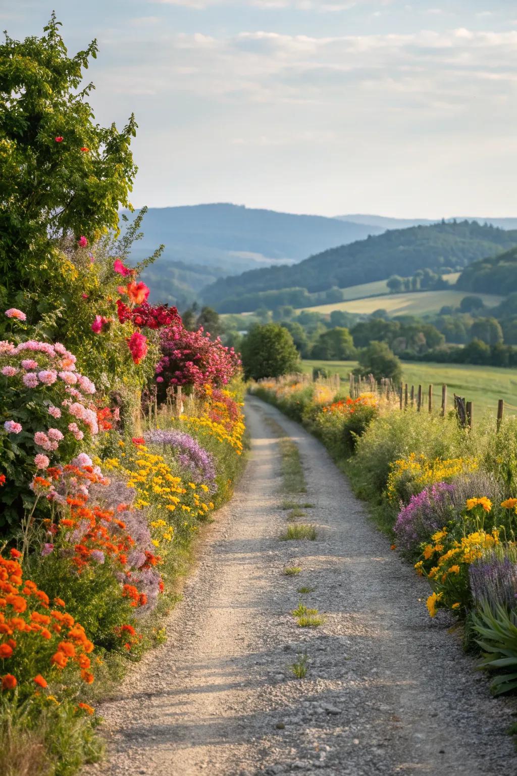 A country driveway framed by vibrant wildflowers, adding a whimsical touch to the landscape.
