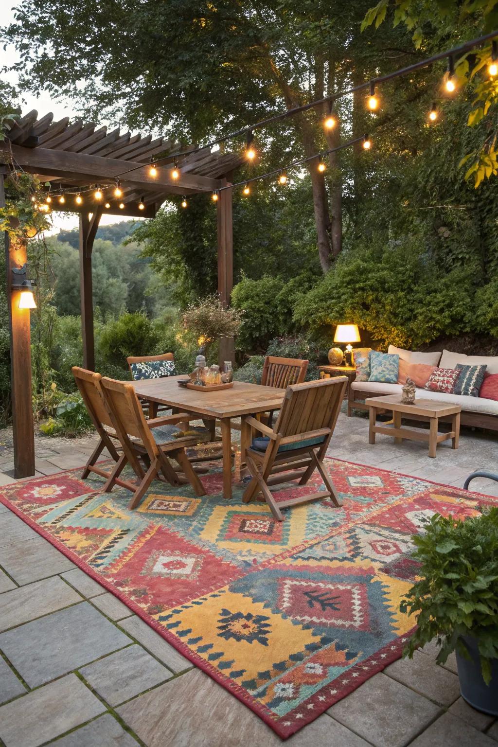 An outdoor rug adding style and comfort.