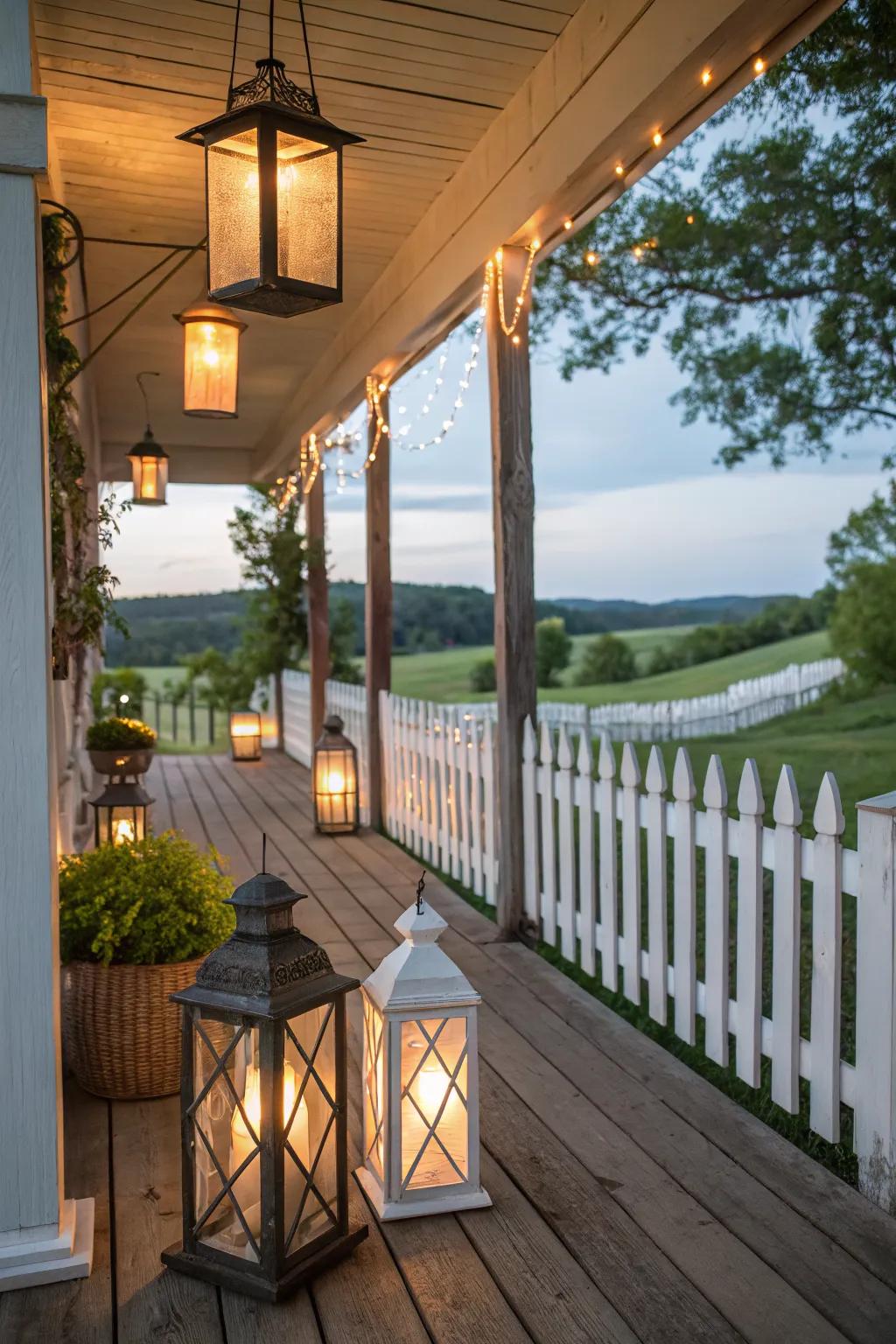Vintage lanterns provide a warm, inviting glow.
