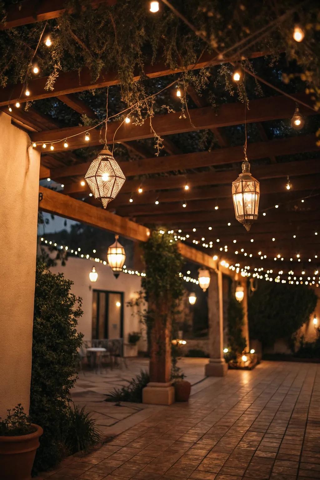 Outdoor lighting creates an enchanting ambiance.