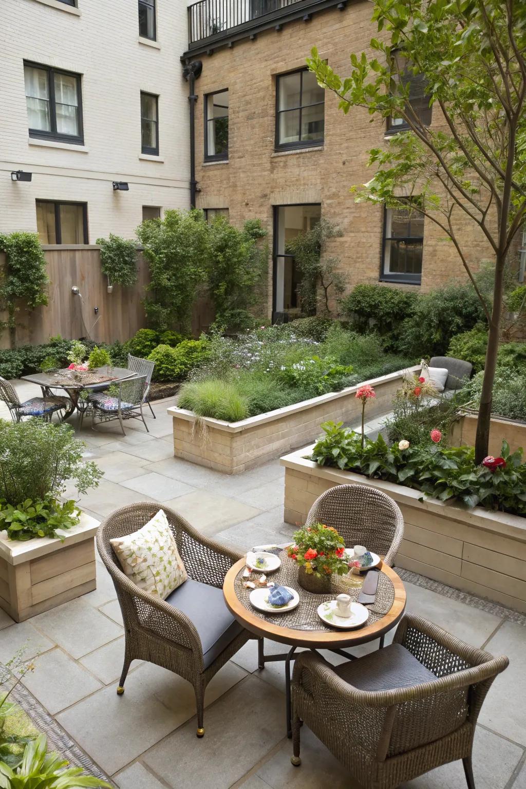Defined zones enhance the functionality of a courtyard garden.