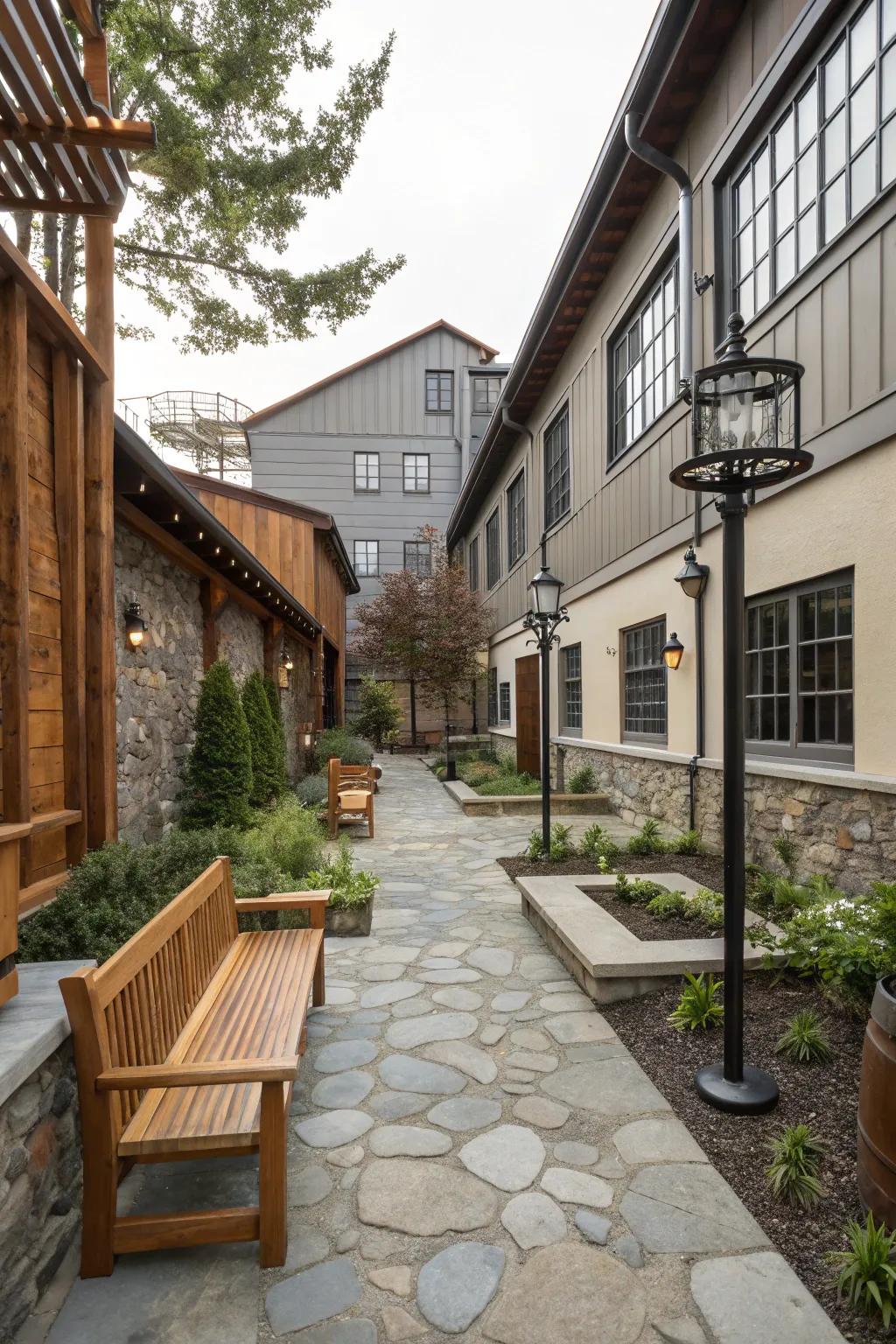 A courtyard rich in texture with diverse materials.