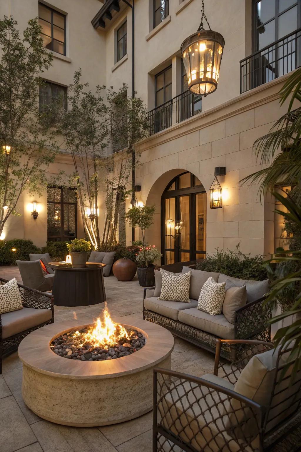 A cozy firepit creating a warm focal point in the courtyard.