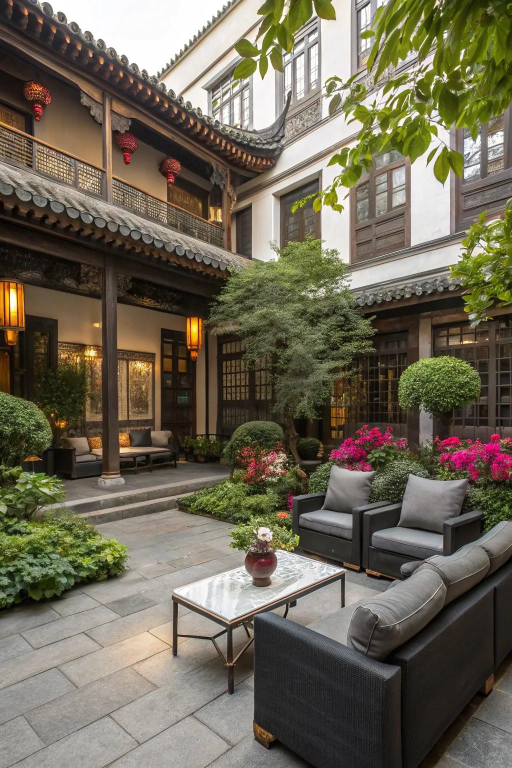Blend styles for a unique courtyard look.