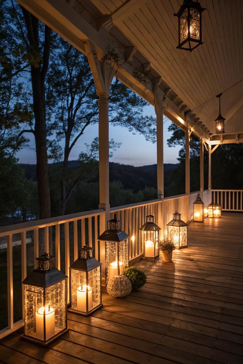 Lanterns and candles create a cozy and romantic atmosphere on the deck.