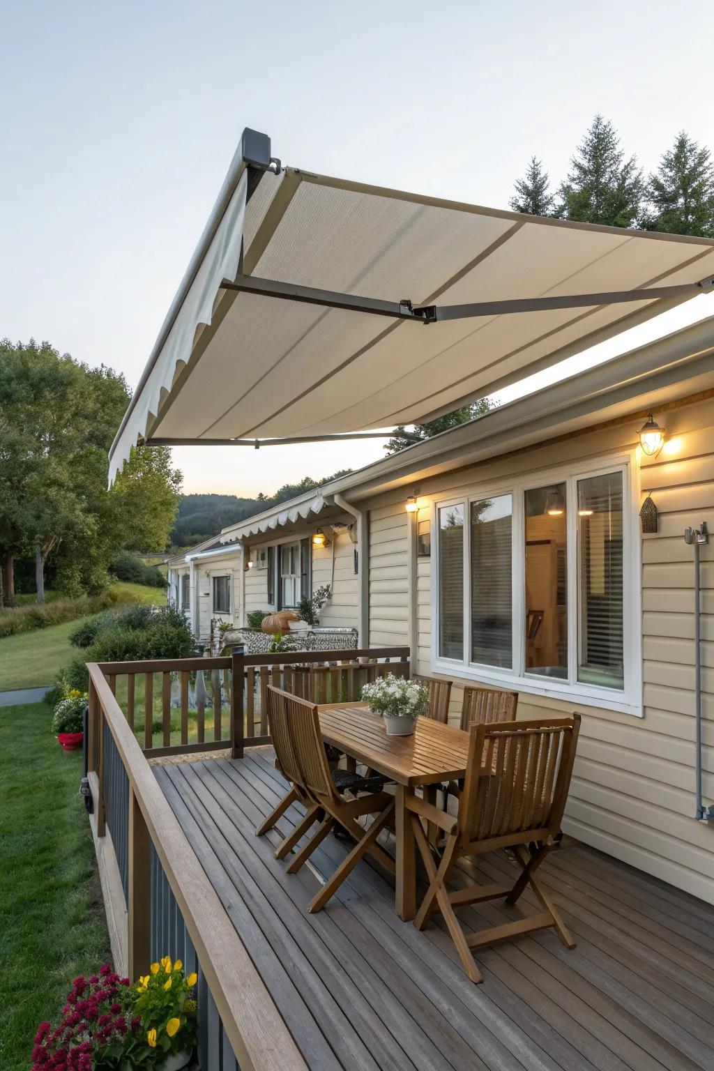 Versatile deck with retractable awnings for adjustable sun protection.
