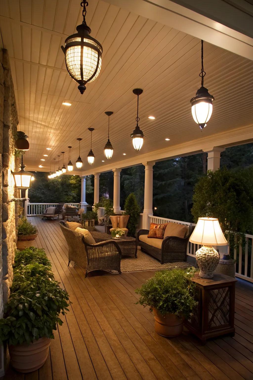 Multi-layered lighting on a covered deck offers flexibility and depth.