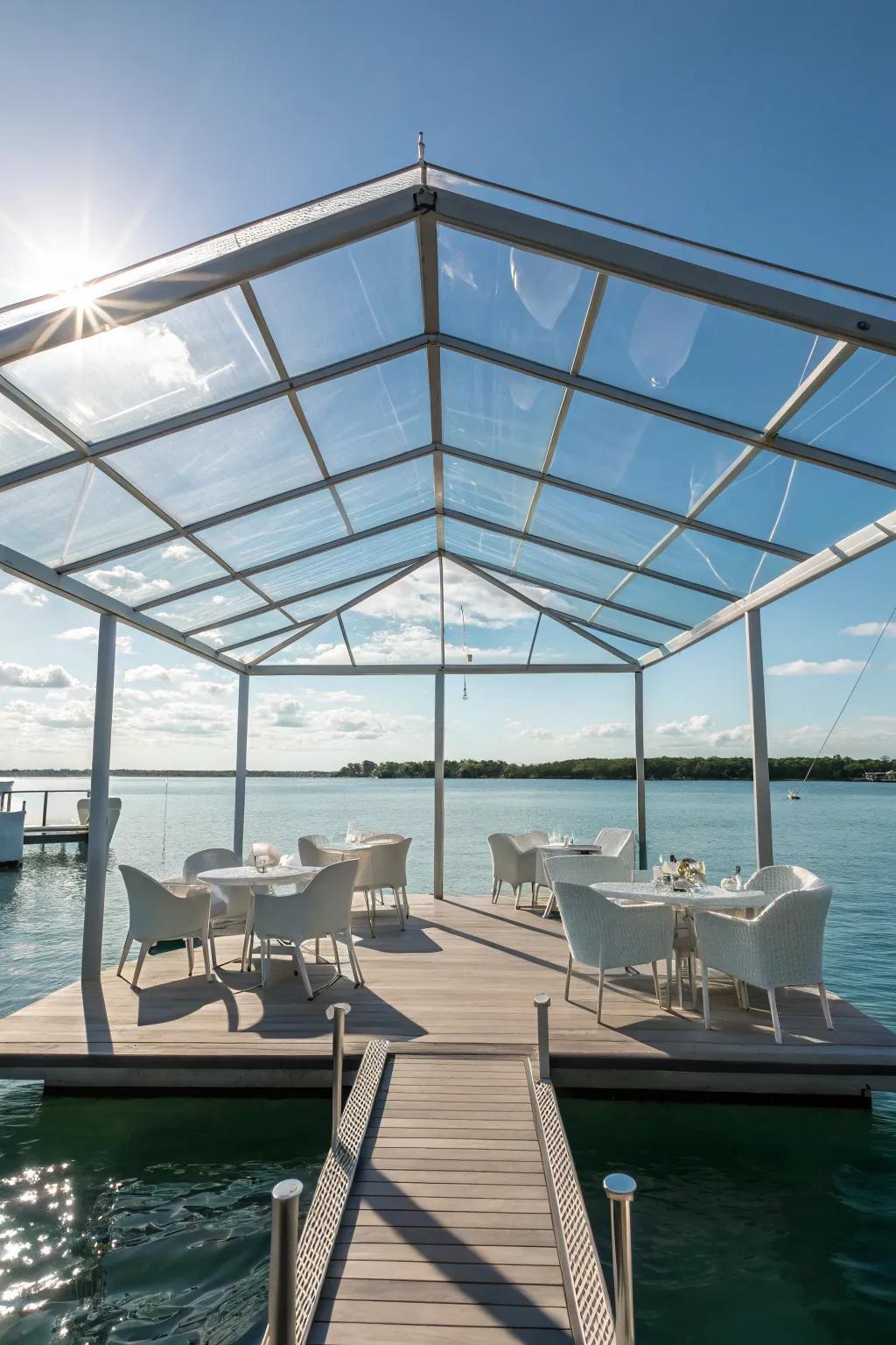 A glass roof offers a contemporary look and feel to your dock.