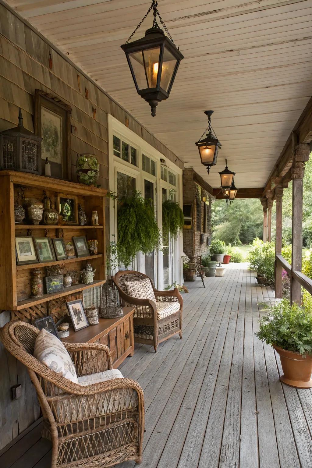 Rustic elements add a cozy, farmhouse feel to the porch.