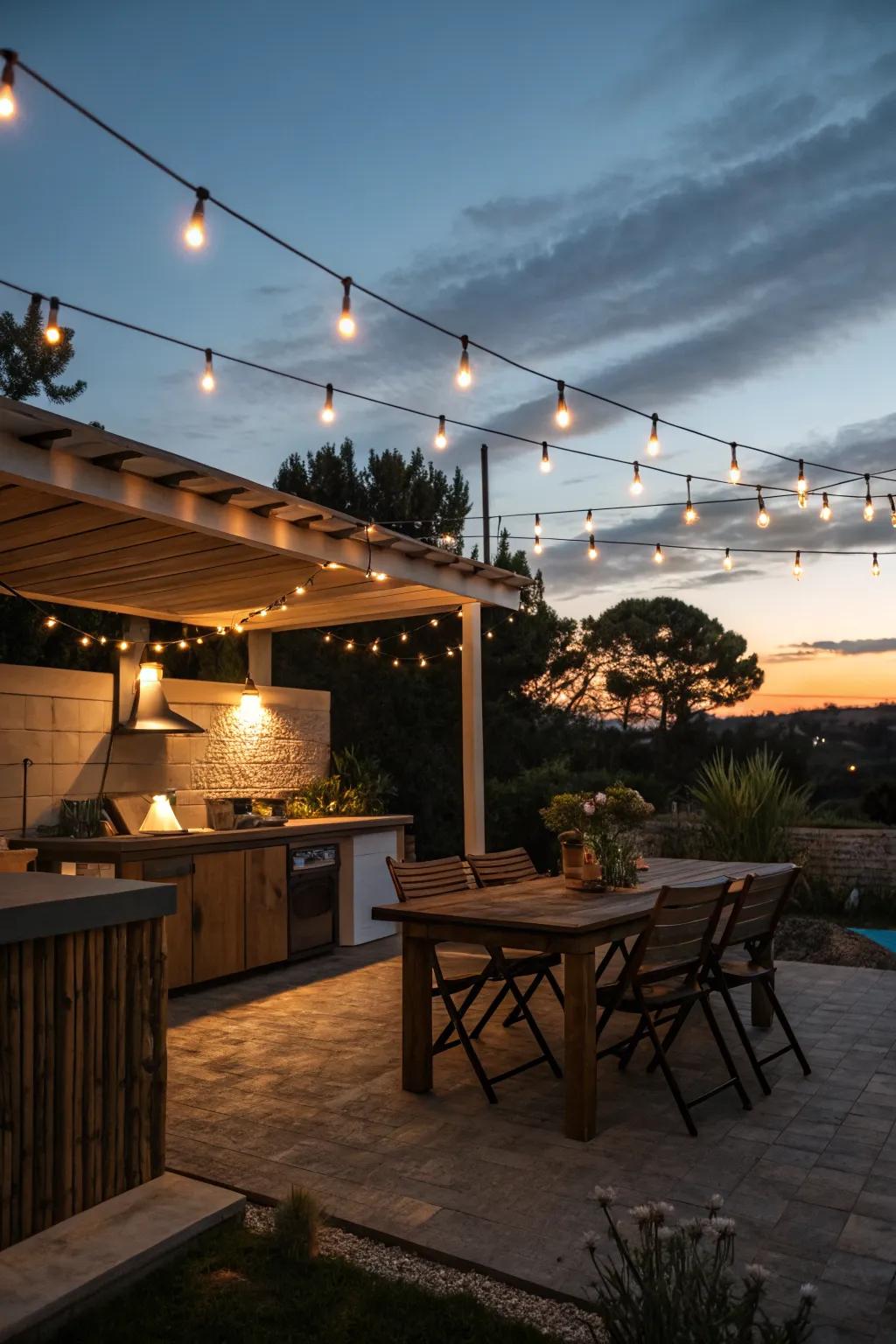 String lights add a touch of magic to your outdoor kitchen.