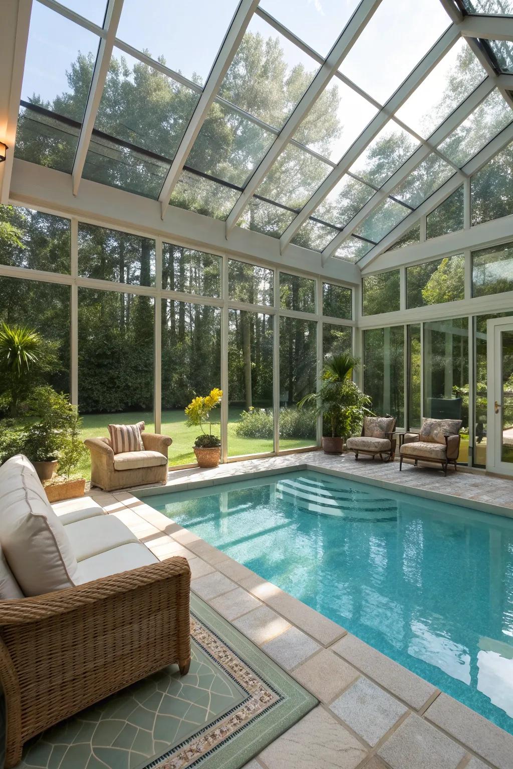 Sunroom enclosures offer a bright, cozy poolside experience.