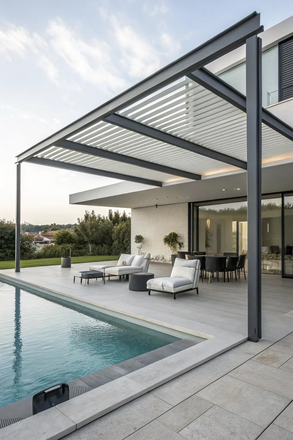 A minimalist aluminum structure provides modern elegance.