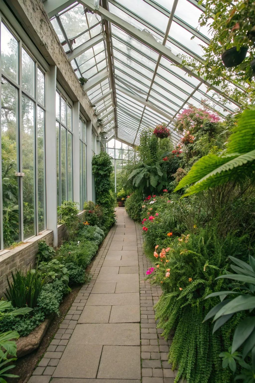 A greenhouse walkway offers a unique and lush garden experience.