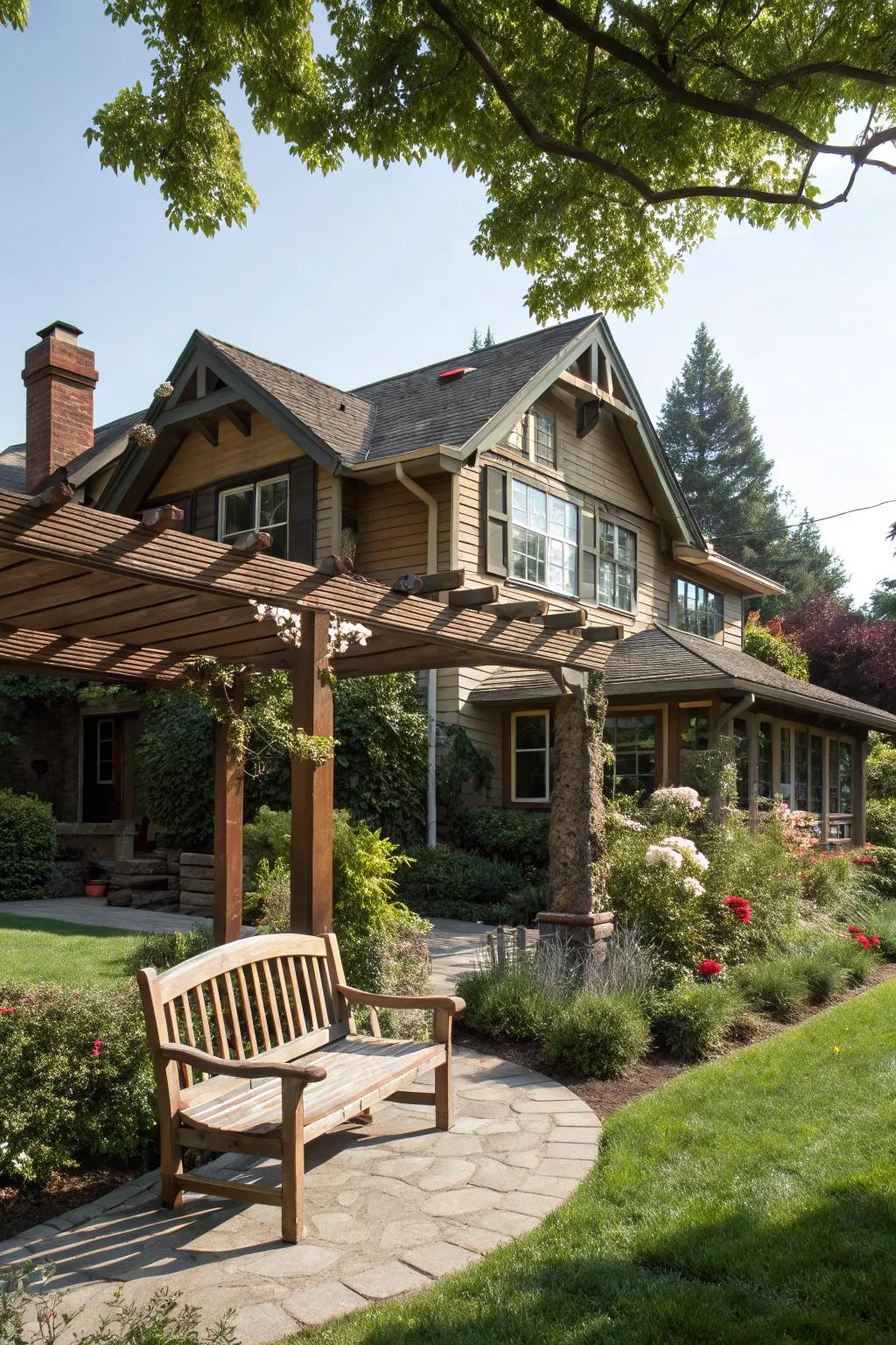 A wooden pergola and bench add warmth to the craftsman house landscape.