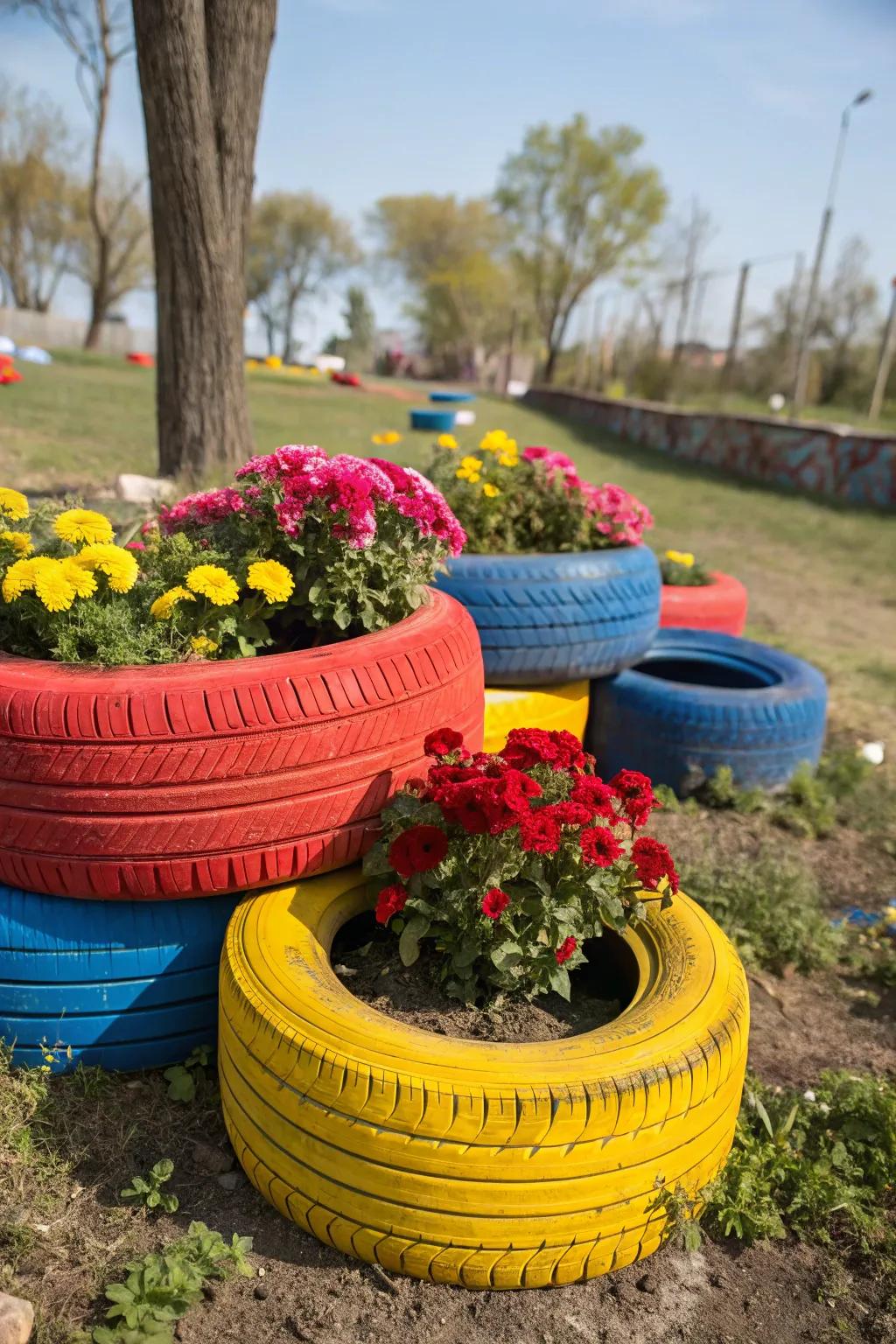 Turn old tires into colorful garden planters.