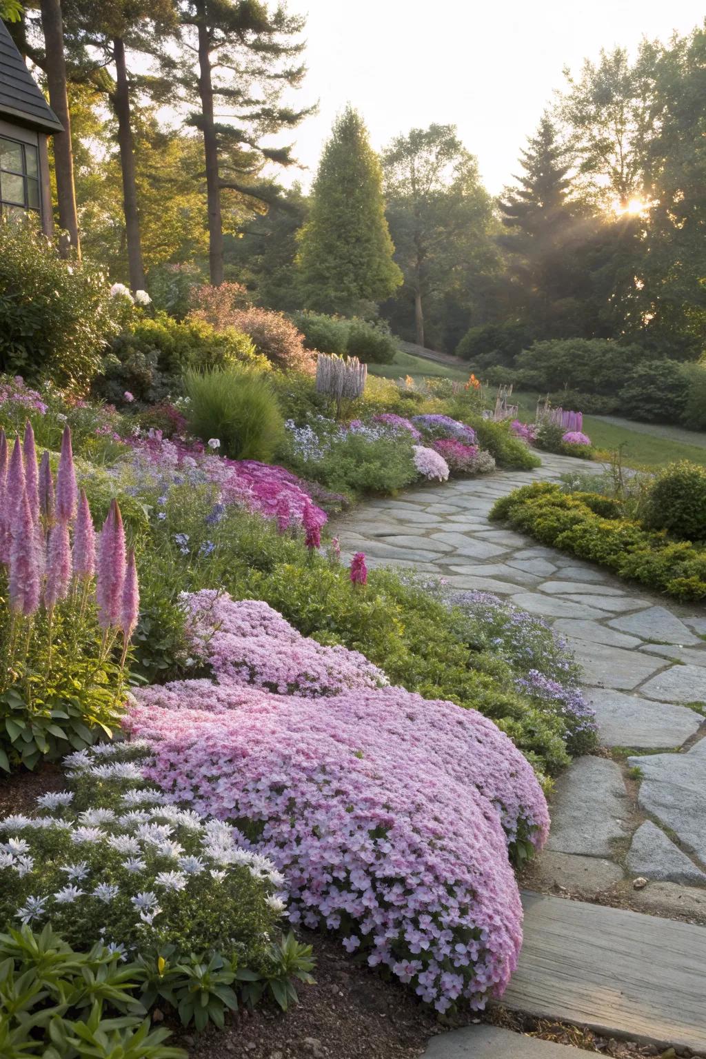 Layered plantings with creeping phlox for added interest.