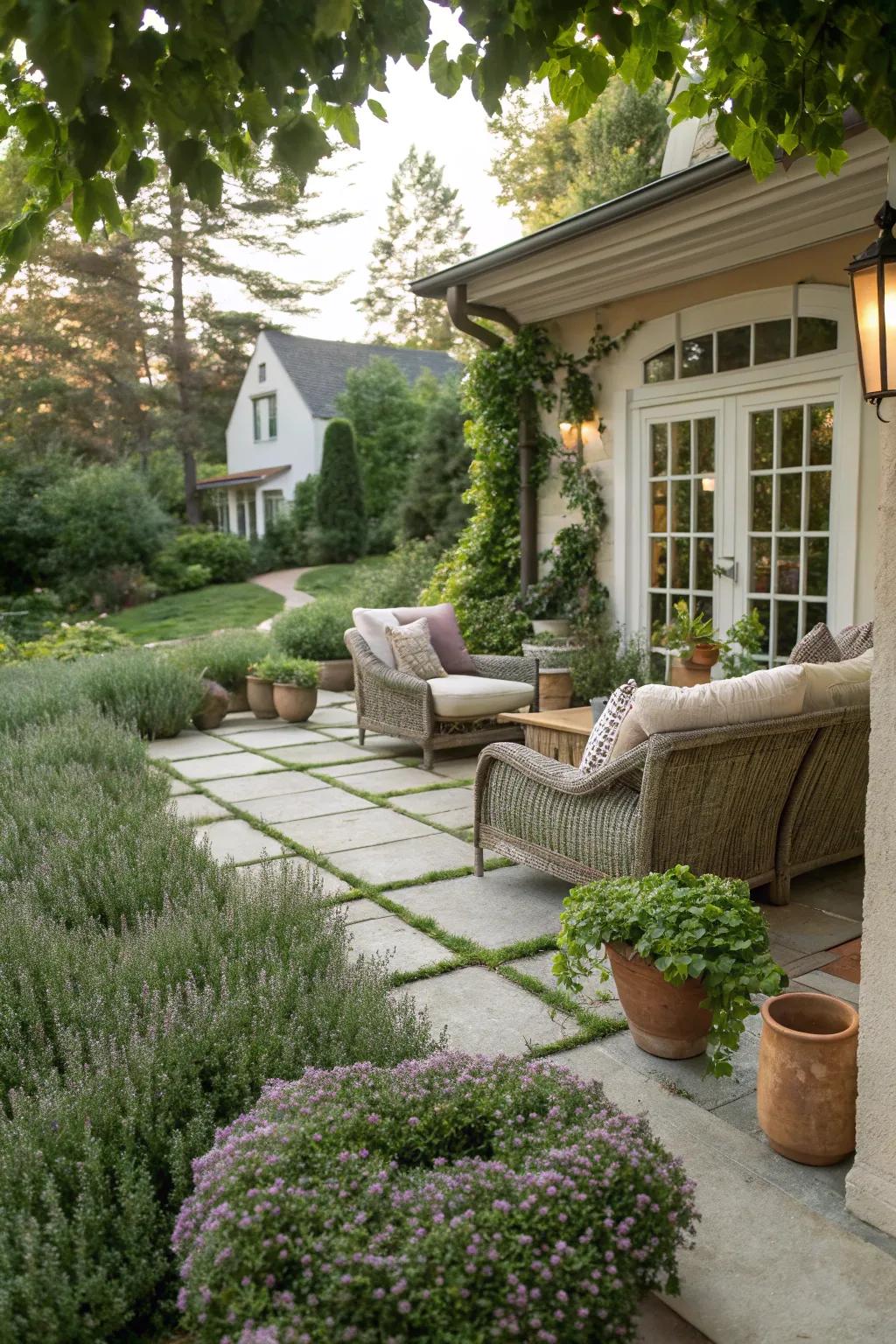 Enhance patio spaces with the aromatic charm of creeping thyme.